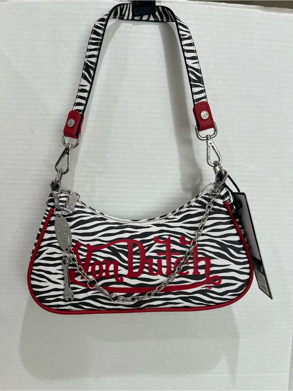 Von Dutch Zebra Print Shoulder bag/handbag in silver tone/chain NEW!